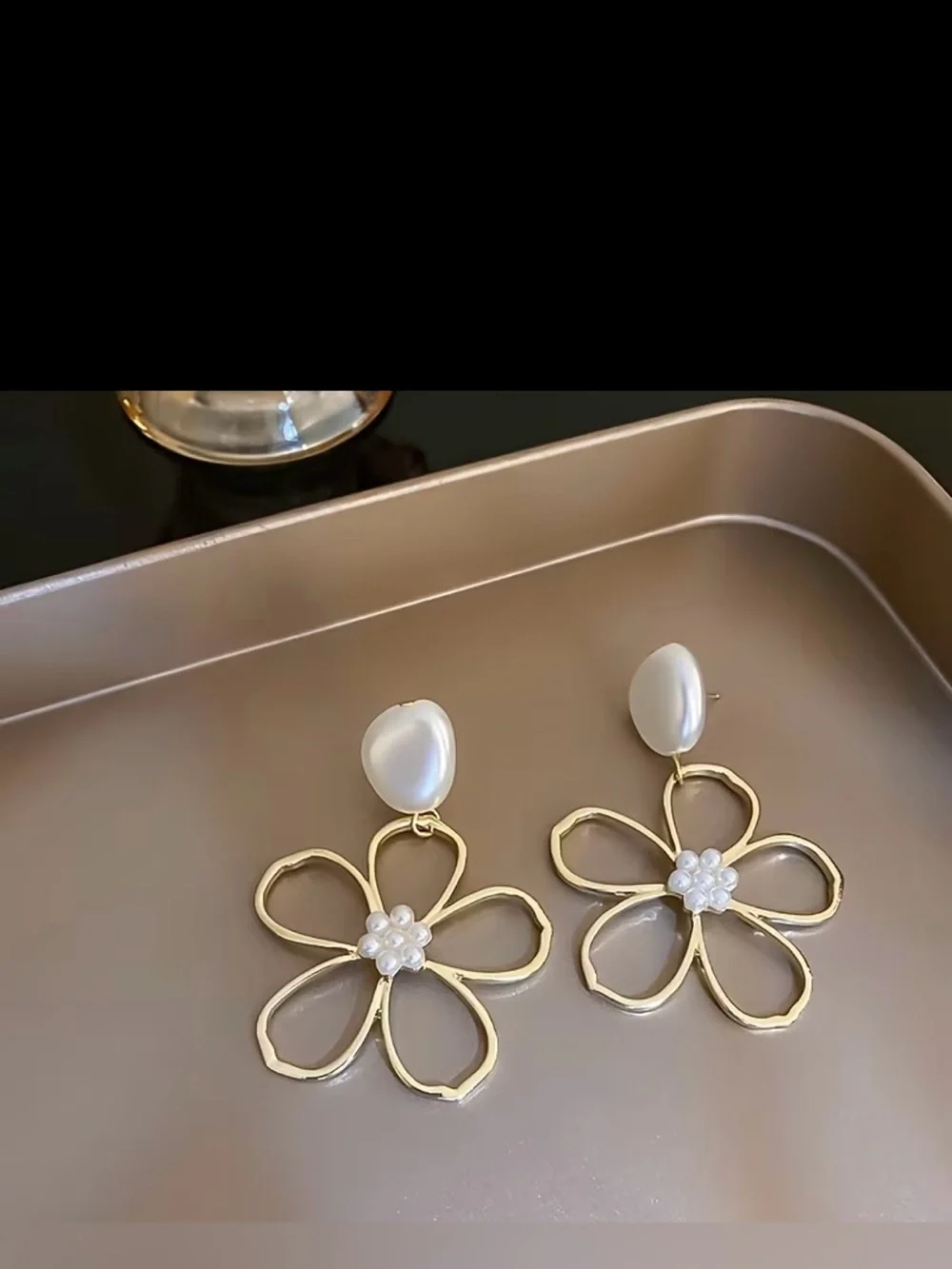 Gold Flower Drop Earrings with Pearl Accent - Elegant Women’s Jewelry